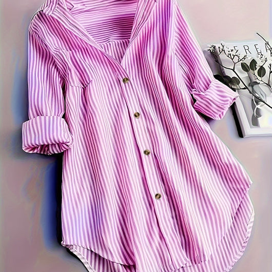 Camisa Casual Suelta a Rayas con Botones y Mangas Largas para Mujer - Image 12