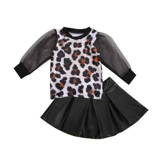 Conjunto Otoñal para Niña con Estampado de Leopardo - Playera y Falda