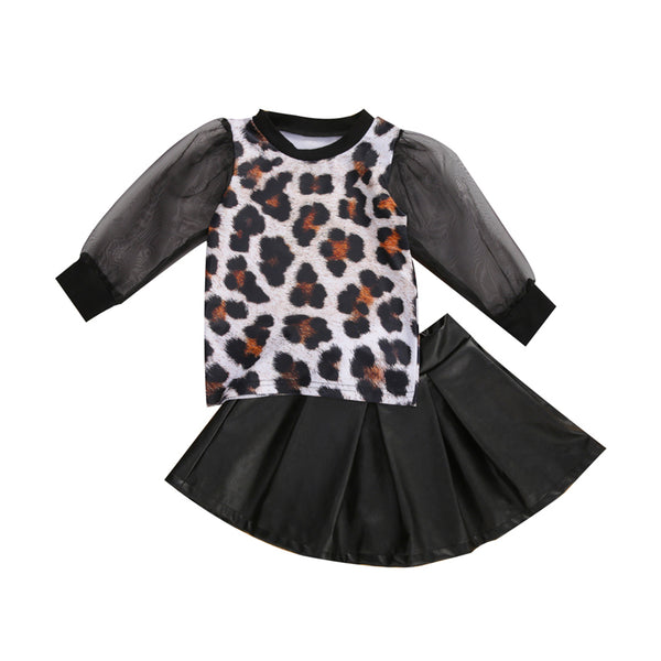Conjunto Otoñal para Niña con Estampado de Leopardo - Playera y Falda