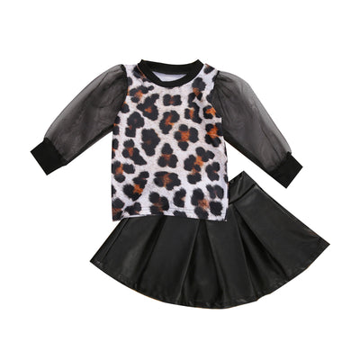 Conjunto Otoñal para Niña con Estampado de Leopardo - Playera y Falda