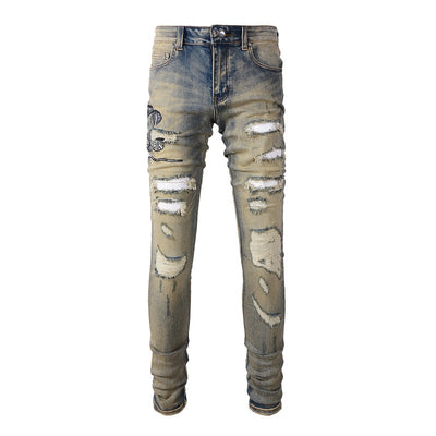 Jeans Slim Fit Desgastados con Bordado de Serpiente de Tres Cabezas y Parches de Cuero - Image 4