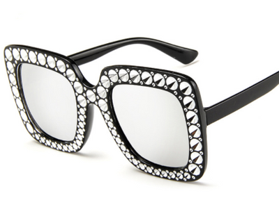 Oversized square sunglasses with clear peach frames, brown lenses, and clear faceted rhinestones around the edges. - Image 5