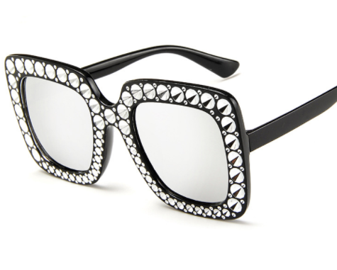 Oversized square sunglasses with clear peach frames, brown lenses, and clear faceted rhinestones around the edges. - Image 5