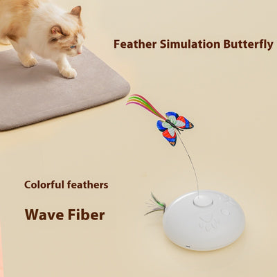White electric cat toy with a colorful butterfly on a flexible wire and green feathers extending from the base. - Image 3