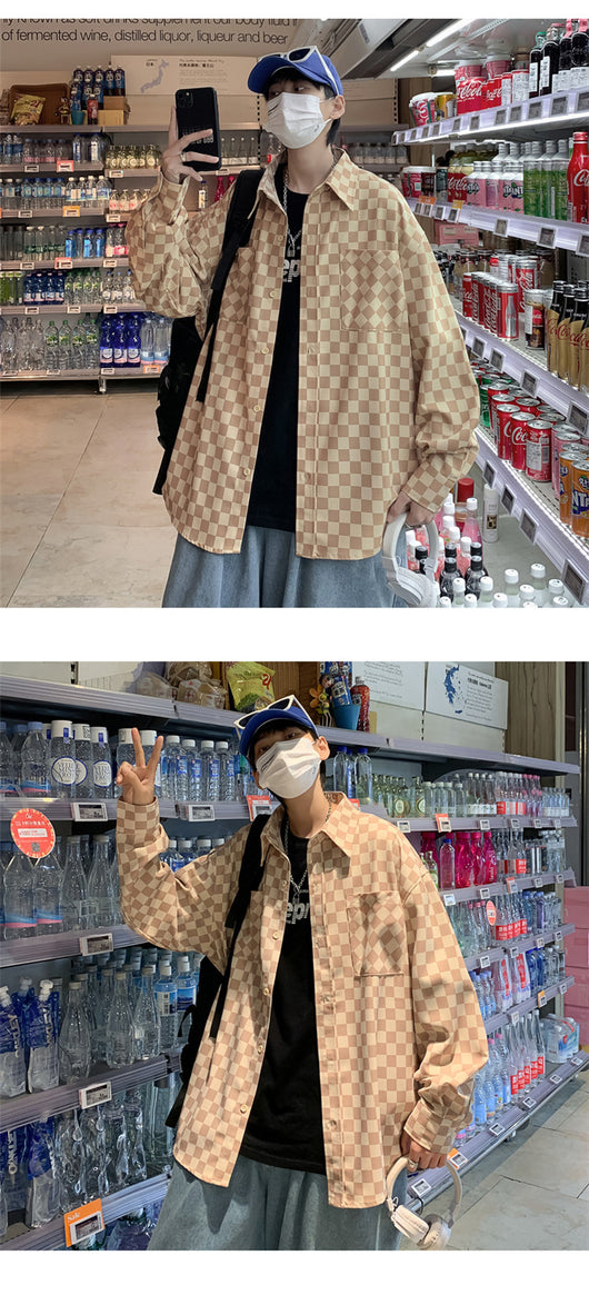 Camisa Suelta Estilo Japonés a Cuadros para Hombre - Manga Larga Primavera - Image 9