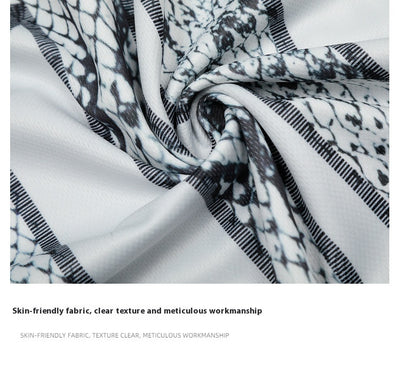 White mesh jersey t-shirt with a V-neck and short drop-shoulder sleeves, featuring a black and white snake scale design. - Image 8