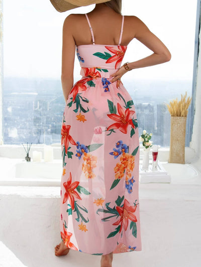 Women's pink floral print two-piece swimsuit with a tie-front crop top, high-waisted triangle bottoms, and matching sheer sarong. - Image 7
