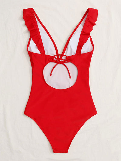 White one-piece swimsuit with a deep V-neck and ruffled shoulder straps, featuring a solid pure color design. - Image 7