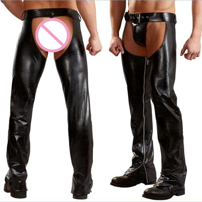 Pantalones Pole Dance de Cuero Sintético Negro - Leggings Eróticos Brillantes para Hombre