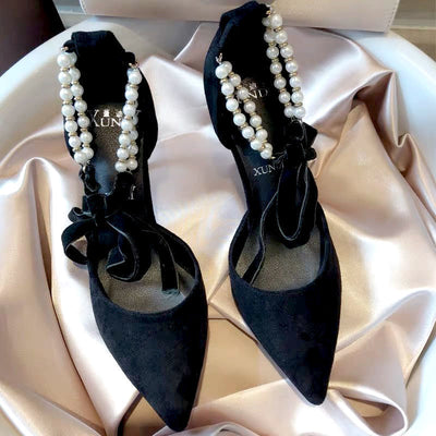 Sandalias Negras Puntiagudas con Tira de Perlas - Estilo Hada Sexy - Image 4