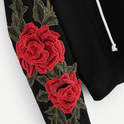 Sudadera Negra con Aplique de Rosa Bordada - Hoodie Casual Otoño para Mujer - Image 5