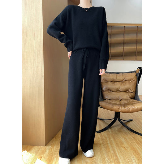 Conjunto de Abrigo Tejido Grueso Lana Australiana - Suéter Escote Redondo Estilo Occidental + Pantalón Recto - Image 9