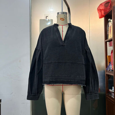 Blusa Denim Holgada de Cuello V y Manga Larga Versátil - Image 6