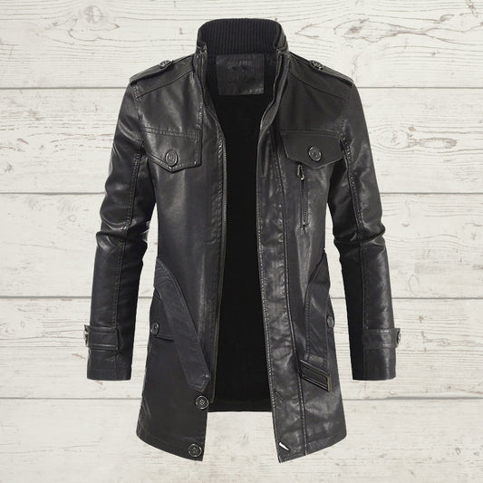 Abrigo Trench de Cuero con Cuello Mao y Forro de Terciopelo para Hombre - Image 2