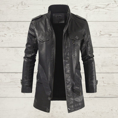Abrigo Trench de Cuero con Cuello Mao y Forro de Terciopelo para Hombre - Image 2