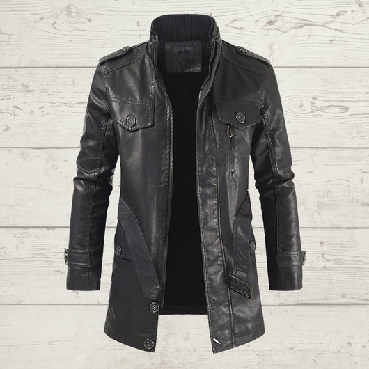 Abrigo Trench de Cuero con Cuello Mao y Forro de Terciopelo para Hombre - Image 2