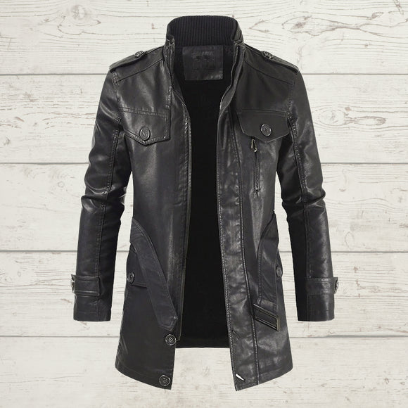 Abrigo Trench de Cuero con Cuello Mao y Forro de Terciopelo para Hombre