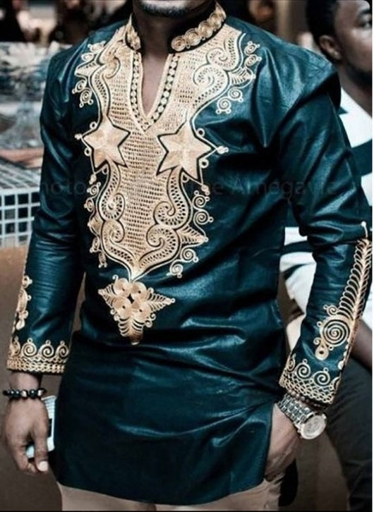 Camisa Manga Larga Estilo Africano con Cuello V para Hombre - Image 3