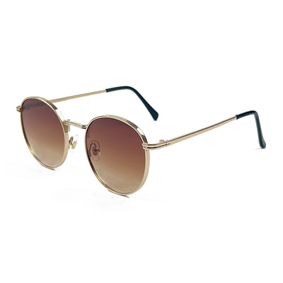 Round red lens sunglasses with a gold metal frame and black temple tips on a white background. - Image 6