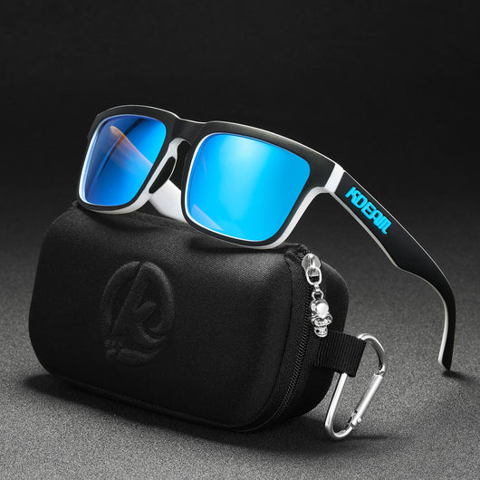 Men's and women's dazzling blue and black striped polarized sunglasses with gray lenses and a black case. - Image 61