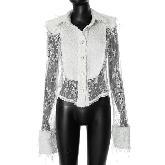 Blusa Transparente con Encaje Blanco y Costuras Decorativas - Image 6