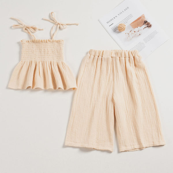 Pantalones de Suspensores Beige en Algodón para Niñas