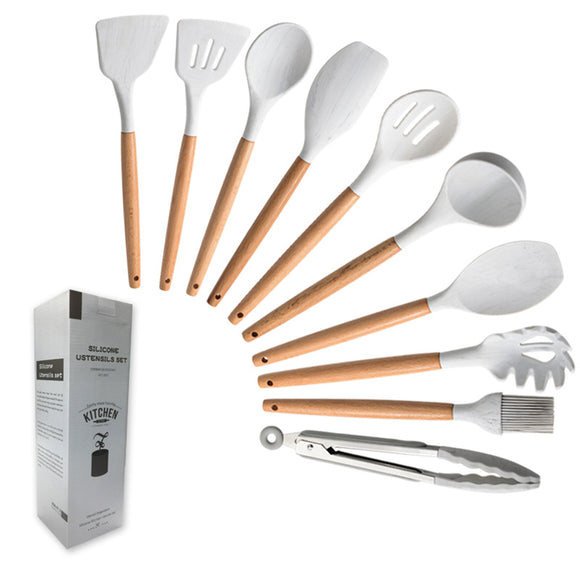 Juego de Utensilios de Cocina con Mango de Madera y Silicona Marmoleada