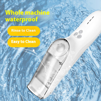 White and blue electric hair clipper with a transparent blue hair disposal compartment, shown with text highlighting its easy-clean feature. - Image 3