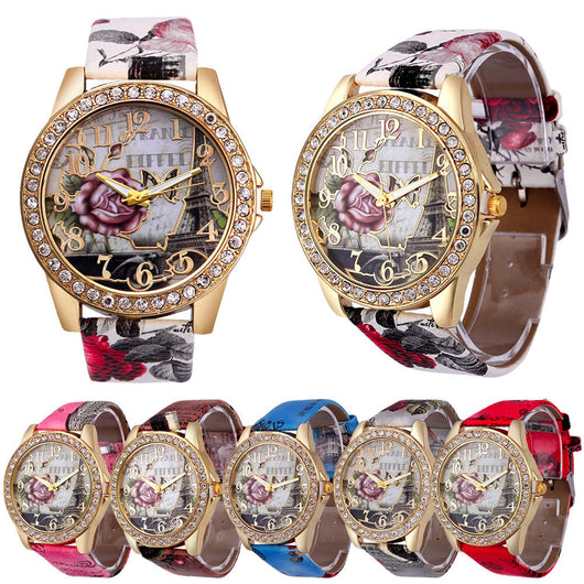 Reloj Pulsera Estilo Retro Coreano con Patrón de Rosas para Mujer