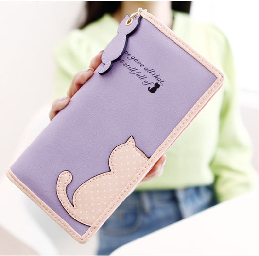 Billetera Larga Coreana para Mujer - Diseño Gato Lunar con Contraste de Colores
