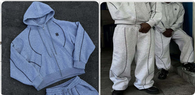 Light gray hooded tracksuit with dark gray contrast stitching, featuring a full-zip hoodie and matching loose sweatpants. - Image 8