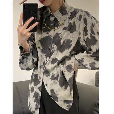 Blusa Manga Larga Estampado Leopardo Bloques de Color Negro Gris Botones Cadena Mujer - Image 3