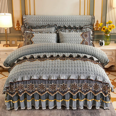 Juego de Cama Acolchado Europeo 4 Piezas con Faldón y Forro Grueso de Felpa - Image 15