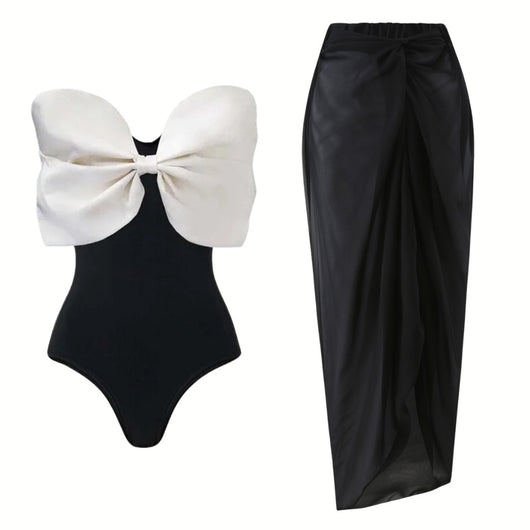 Black one-piece swimsuit with a white oversized bow detail at the tube top bust, perfect for summer. - Image 5