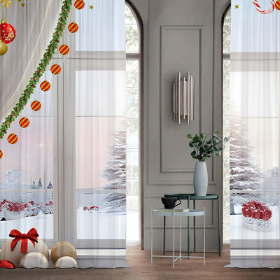 Pair of Christmas curtains with a 3D digital print of a snowy winter window scene, frosted trees, and snowflakes. - Image 21
