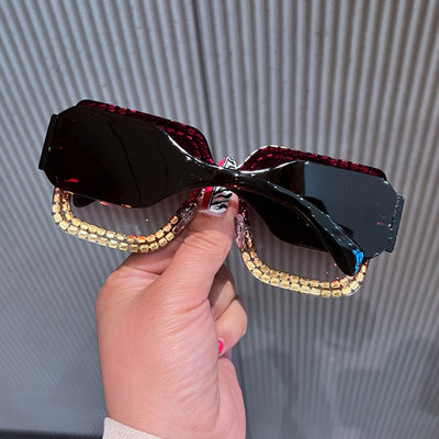 Oversized rectangular sunglasses with black lenses and frames heavily embellished with multiple rows of sparkling rhinestones. - Image 12