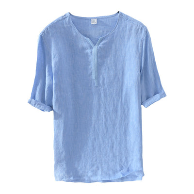 Camiseta de Lino Cuello V Manga Corta Suelta - Image 6