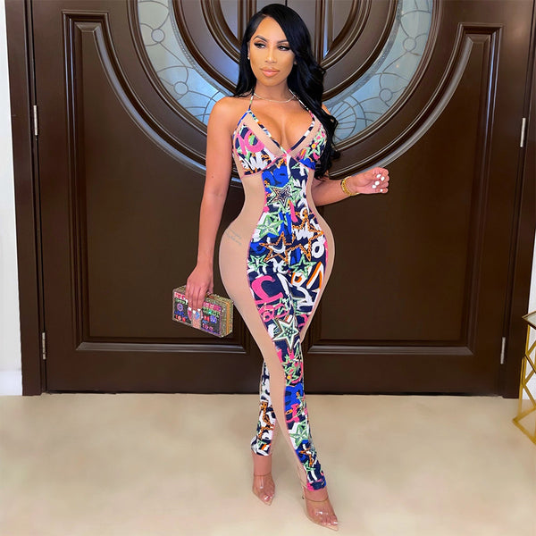 Jumpsuit Ajustado de Malla Sensual con Tirantes