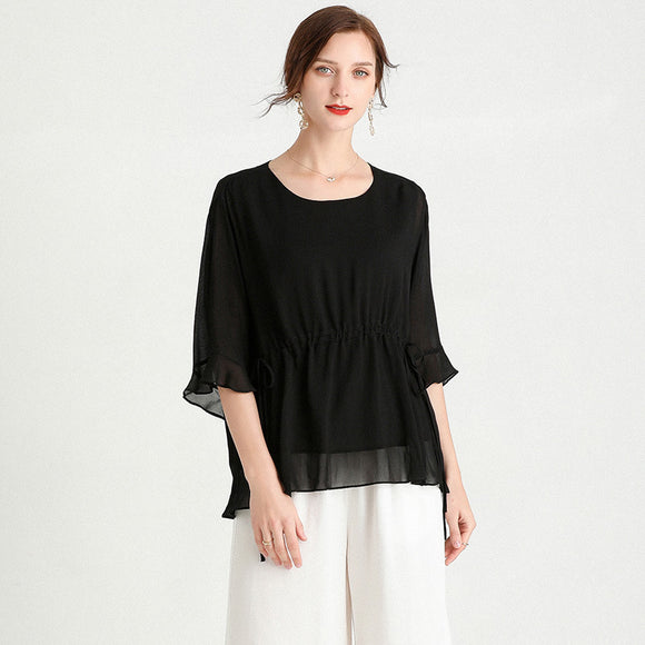Blusa de Seda Elegante Manga Corta Talla Grande Efecto Reductor