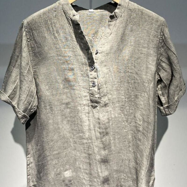 Camisa Vintage Americana de Lino, Cuello Redondo y Manga Corta