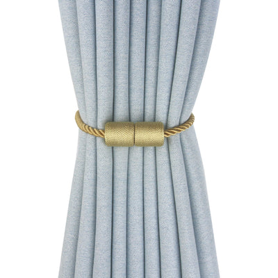 Black cylindrical magnetic curtain tieback holding a light blue pleated curtain, against a clean white background. - Image 3