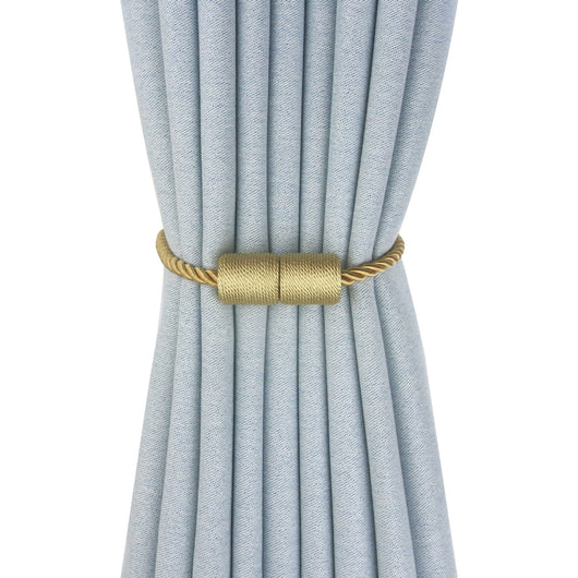Black cylindrical magnetic curtain tieback holding a light blue pleated curtain, against a clean white background. - Image 3