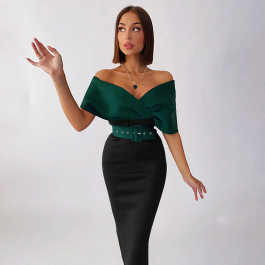 Vestido Ejecutivo Elegante con Hombros Descubiertos y Cinturón Contrastante - Image 3
