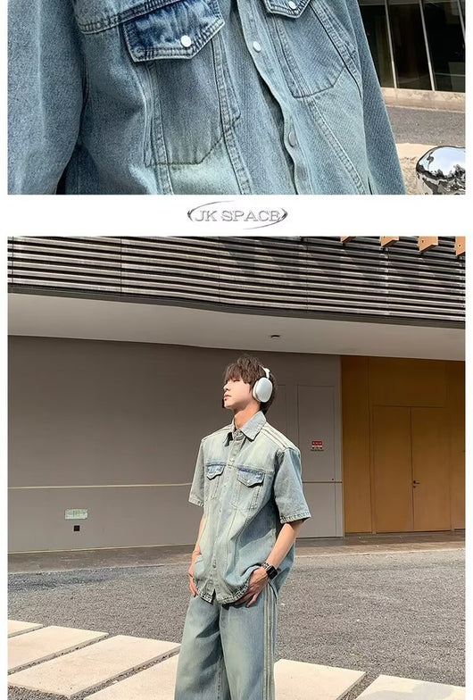 Camisa Denim Retro con Tres Rayas Laterales para Hombre - Image 15