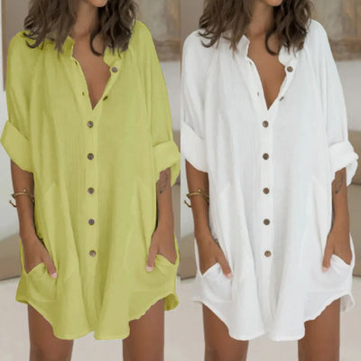 Blusa Suelta de Algodón y Lino con Botones para Mujer
