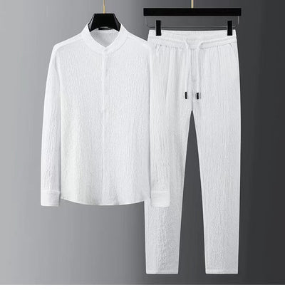 Camisa Casual Seersucker a Rayas para Hombre - Cuello Mao Ligera Perfecta para Verano - Image 6