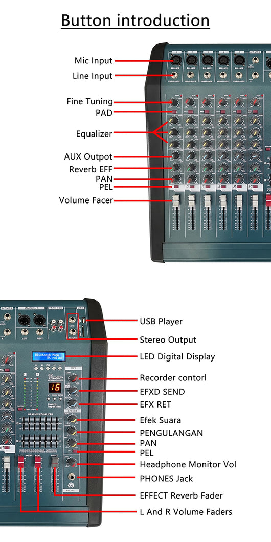 Consola Mezcladora Amplificada con Bluetooth, Ecualizador y 16 Efectos DSP - Image 8