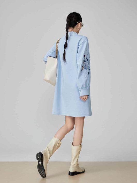 Vestido Camisero Holgado Azul con Bordados Calados - Image 4