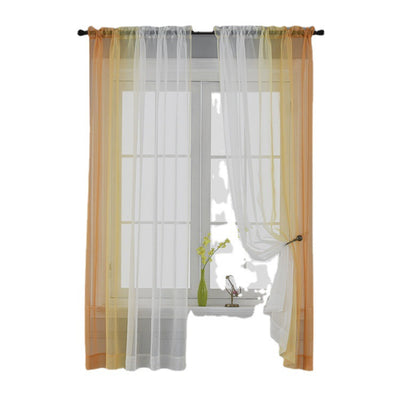 Pink and white gradient sheer rod pocket curtain panels hung on a black rod in front of a window. - Image 4