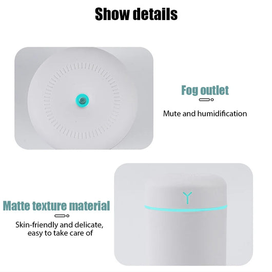 Pink portable humidifier with a blue LED light band, emitting fine mist, on a white pedestal. - Image 13